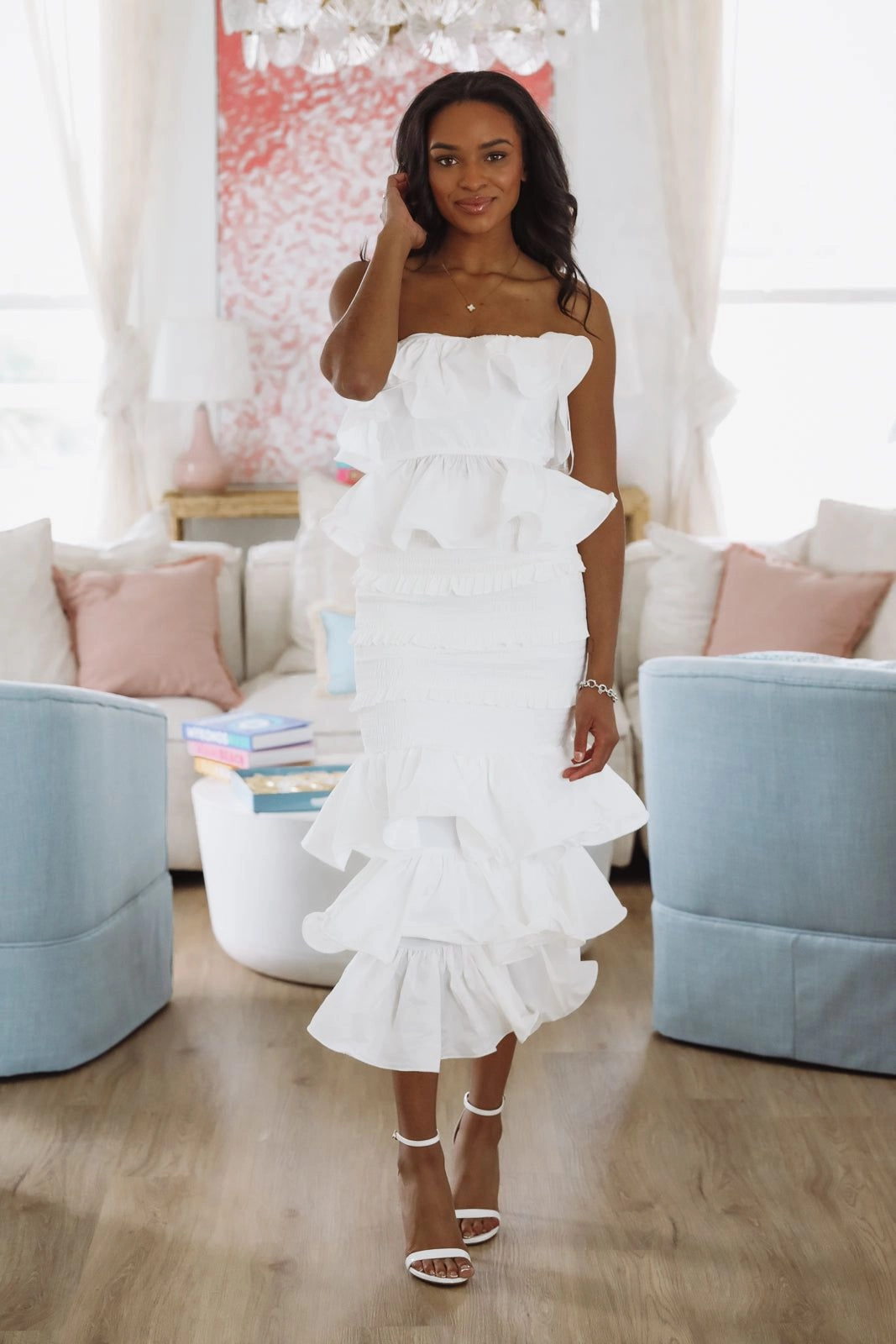 Tranquil Ruffle Top and Maxi Skirt Set - White ReflectiveTrimDetails