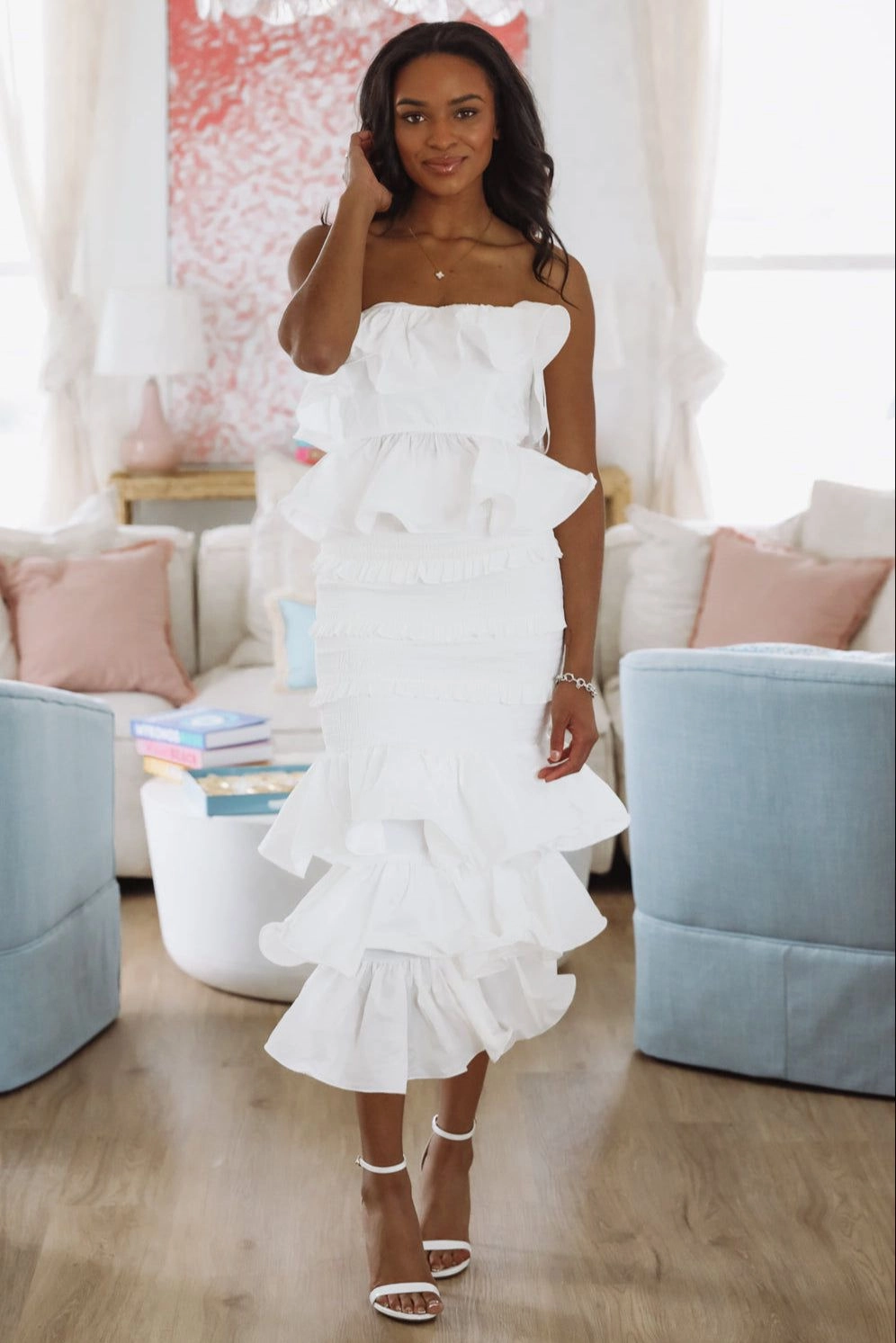 Breathable back panel MultiPocketDesign Tranquil Ruffle Top and Maxi Skirt Set - White