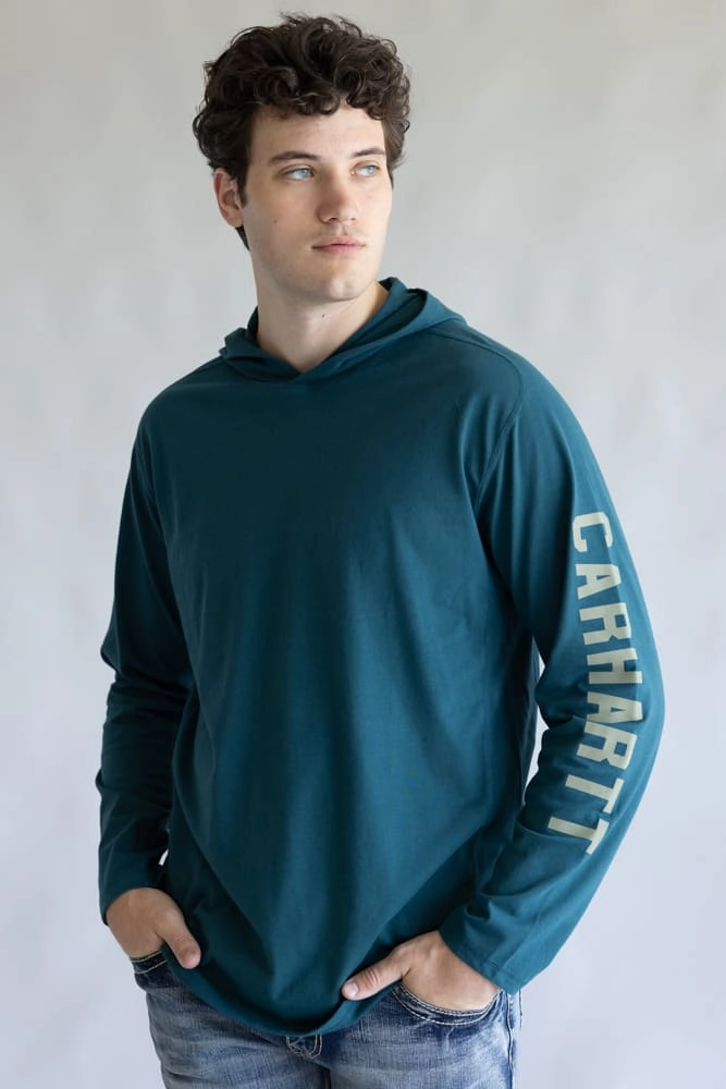 Carhartt Force Relaxed Fit Midweight Long Sleeve Logo Hooded T-Shirt for Men in Greenstone | 106654-GM1 Outdoor Activity