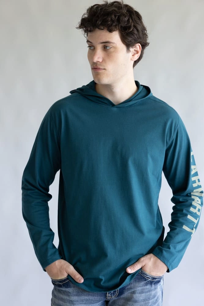 Carhartt Force Relaxed Fit Midweight Long Sleeve Logo Hooded T-Shirt for Men in Greenstone | 106654-GM1 TaglessDesign Trendy Comfort Wear
