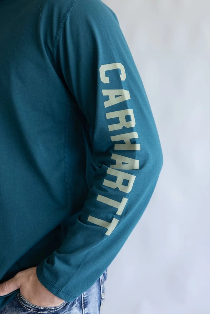 Carhartt Force Relaxed Fit Midweight Long Sleeve Logo Hooded T-Shirt for Men in Greenstone | 106654-GM1 Active Fashion