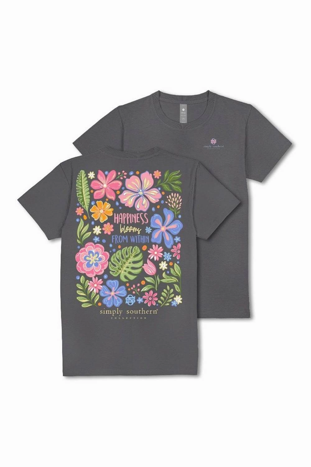 Versatile Layer Trendy Casual Wear Simply Southern Happiness Blooms T-Shirt for Women in Coal | SS-HAPPY-WSHCOAL