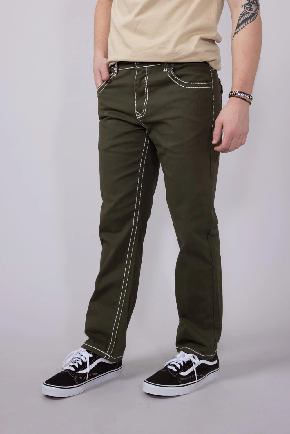 Eco Friendly Production Travel Outfit Casual Stretch True Luck Blake Bootcut Jeans for Men in Olive | TL16350002-OLIVE