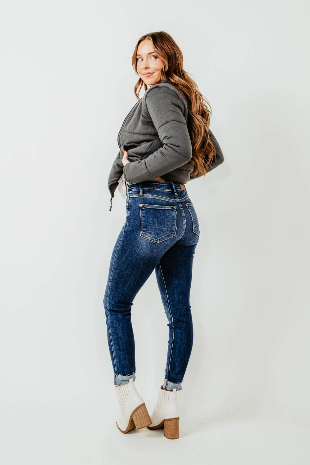 Judy Blue Mid Rise Vintage Raw Hem Skinny Jeans for Women | 82527REG Workday Outfit