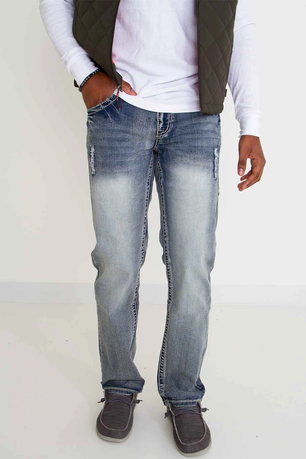 Flexible Waistband Construction True Luck Miles Straight Distressed Jeans for Men | TL18350004