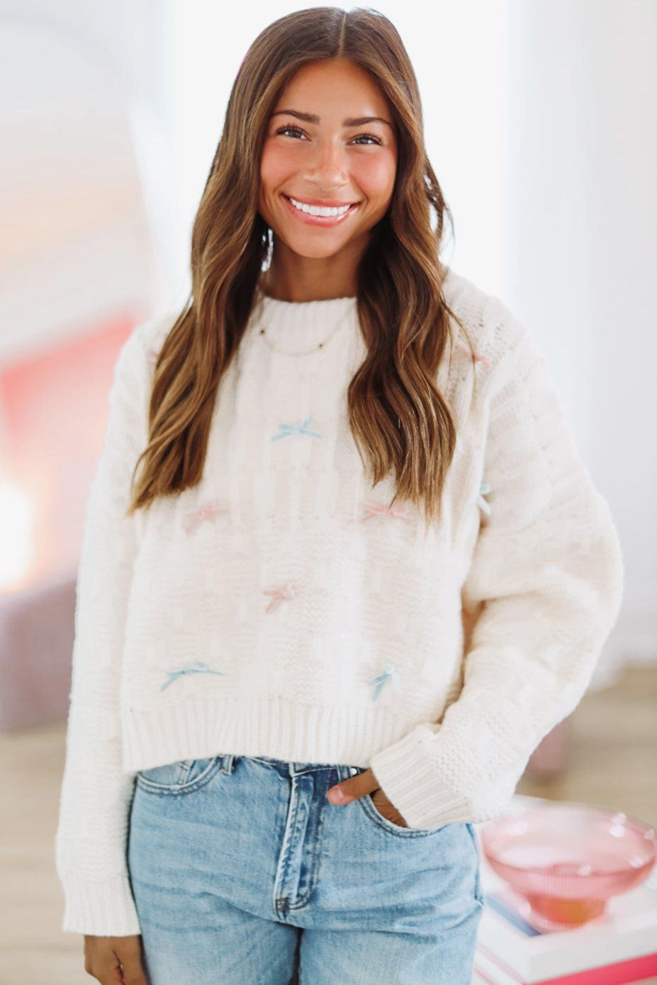 Love Affair Bow Sweater - Cream SnagFreeKnit Low Profile Zipper Closure