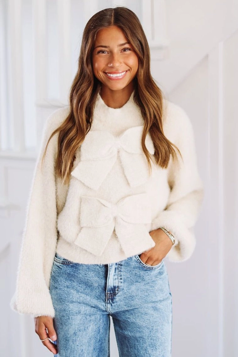 Contrast Stitch Detail Non Restrictive Armhole Cut Not So Simple Knit Bow Top - Taupe