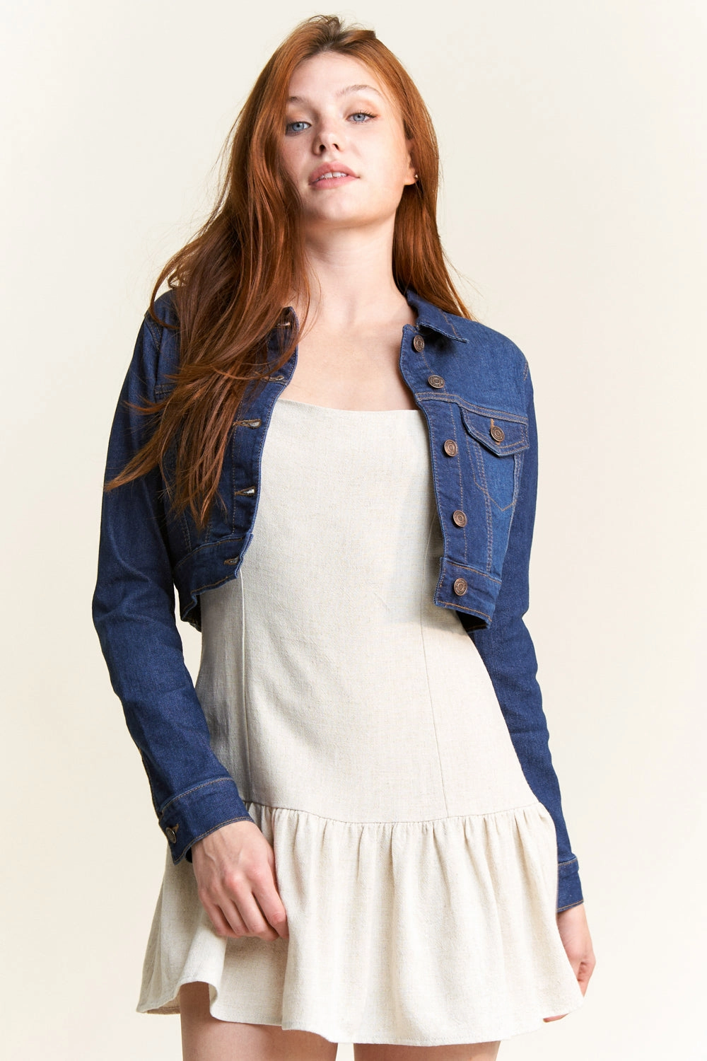 Soft Touch Texture Fitted Basic Crop Denim Jacket