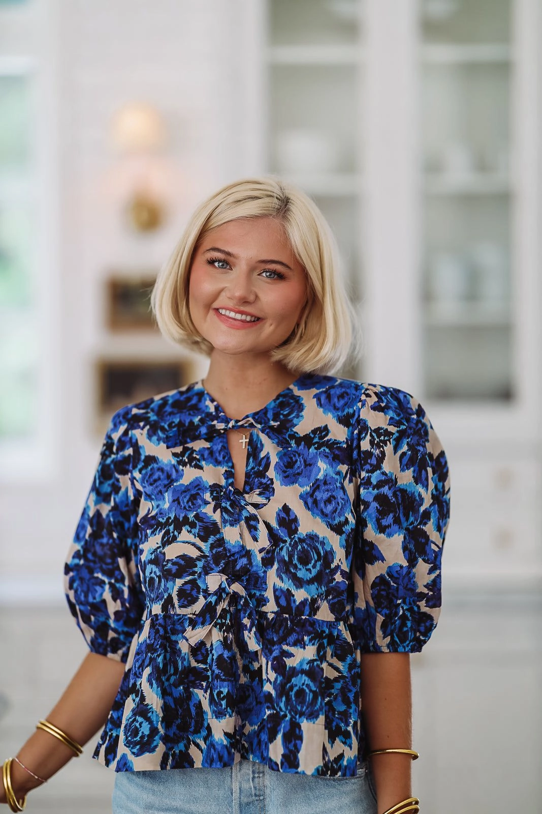 Abstract Blooms Top - Blue and Beige Sustainable Manufacturing Process SlubTexture