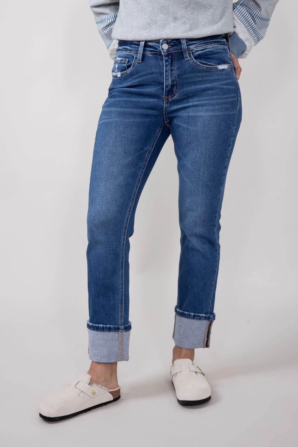 Non Restrictive Thigh Vervet High Rise Cuffed Slim Straight Jeans for Women | T6590