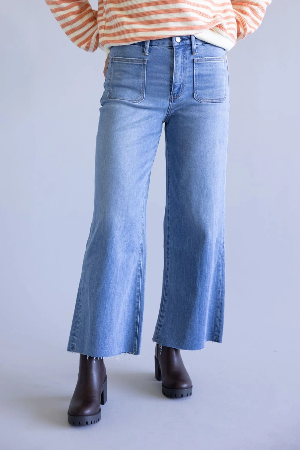 Vervet Super Soft High Rise Wide Crop Jeans for Women | T6947 Layered Knee Panels
