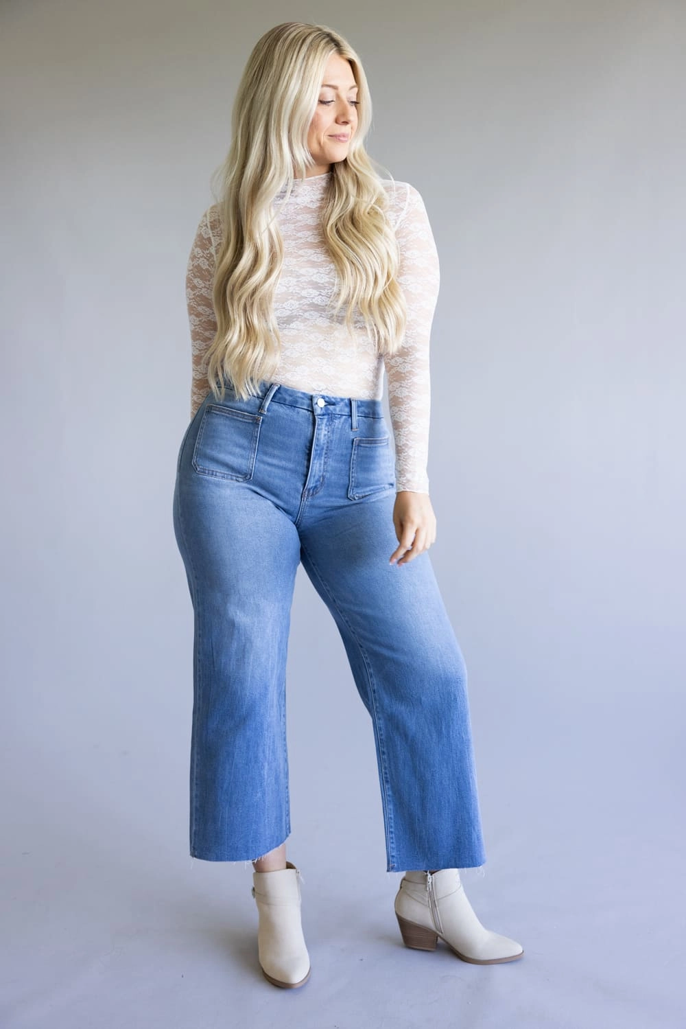 Foundation Piece Breathable Brunch Outfit Vervet Super Soft High Rise Wide Crop Jeans for Women | T6947