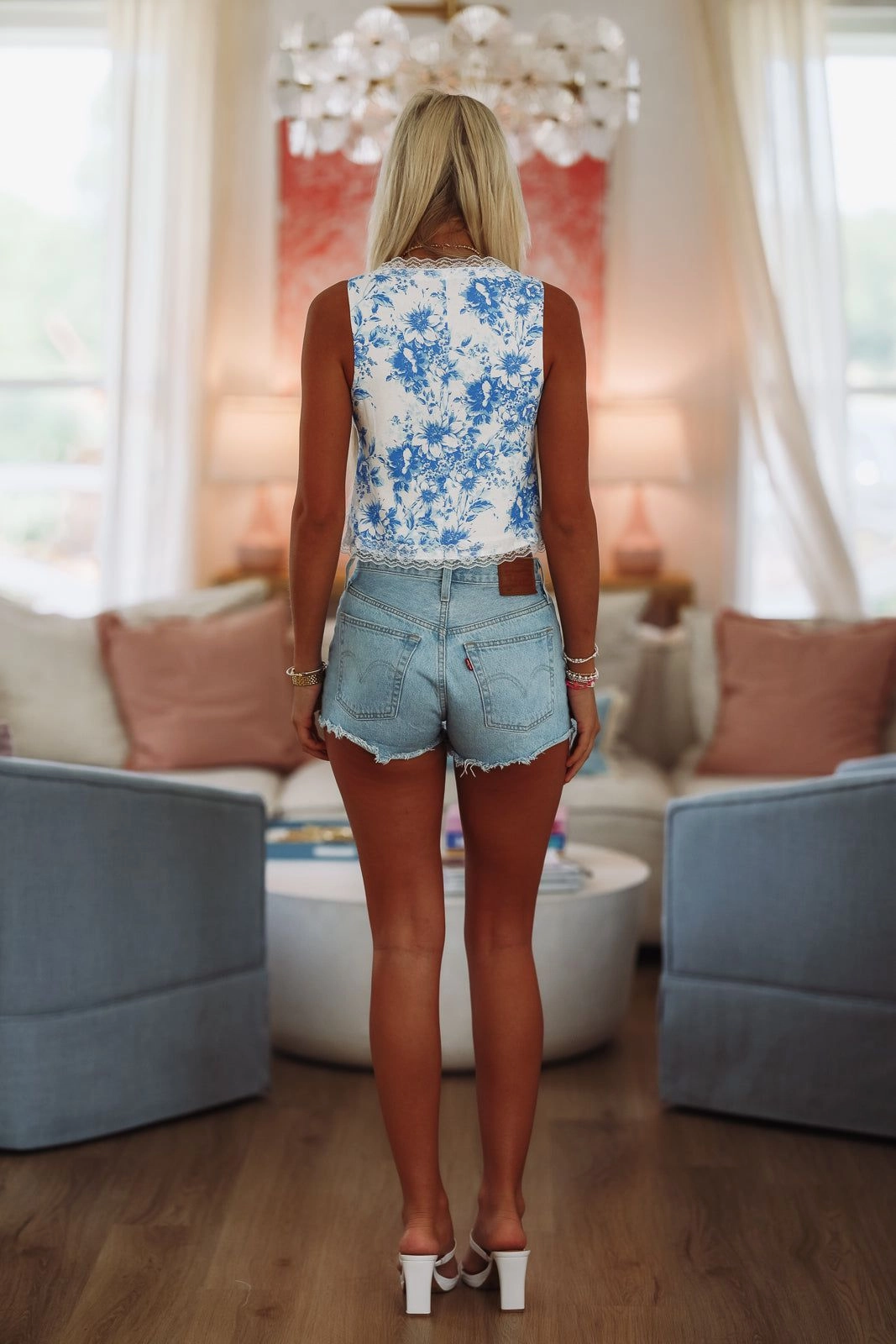 All Day Comfort Built In Filter Layer Wait Top - Blue and White