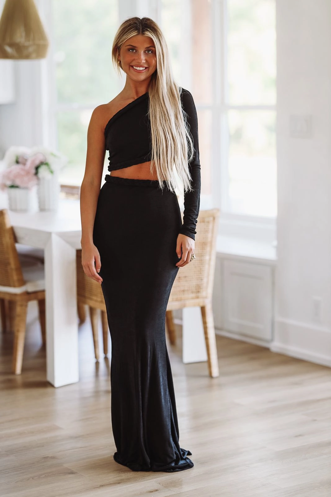 When in Cabo Two Piece Crop Top and Maxi Skirt Set - Black Smart Casual Polka Dot