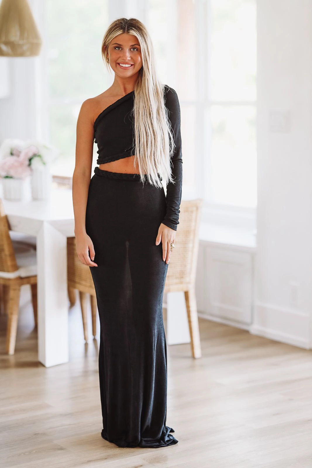 When in Cabo Two Piece Crop Top and Maxi Skirt Set - Black Durable Blend SoftBrushed