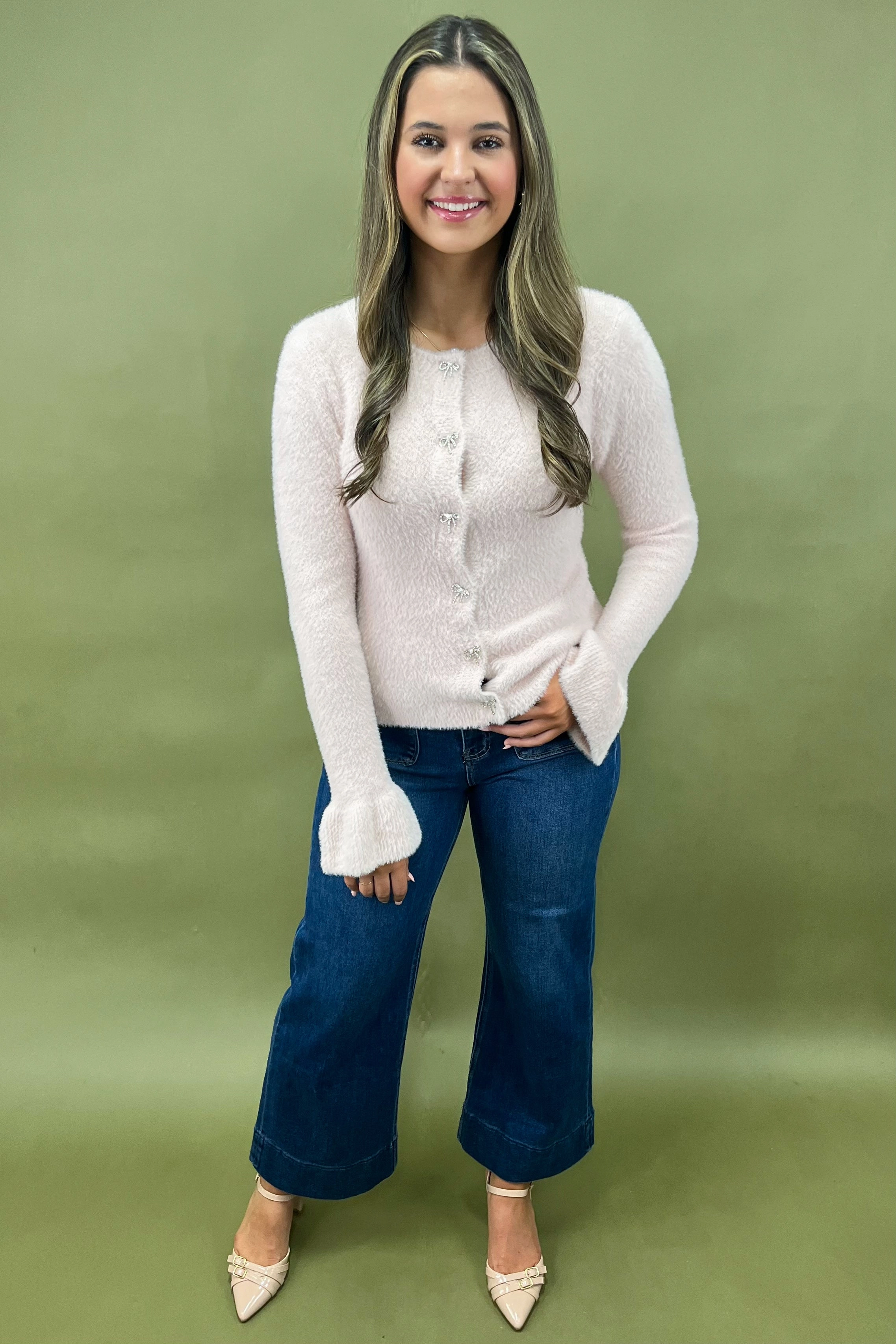 Ventilated Back Panel Trendy Cardigan Blush Bow Cardigan