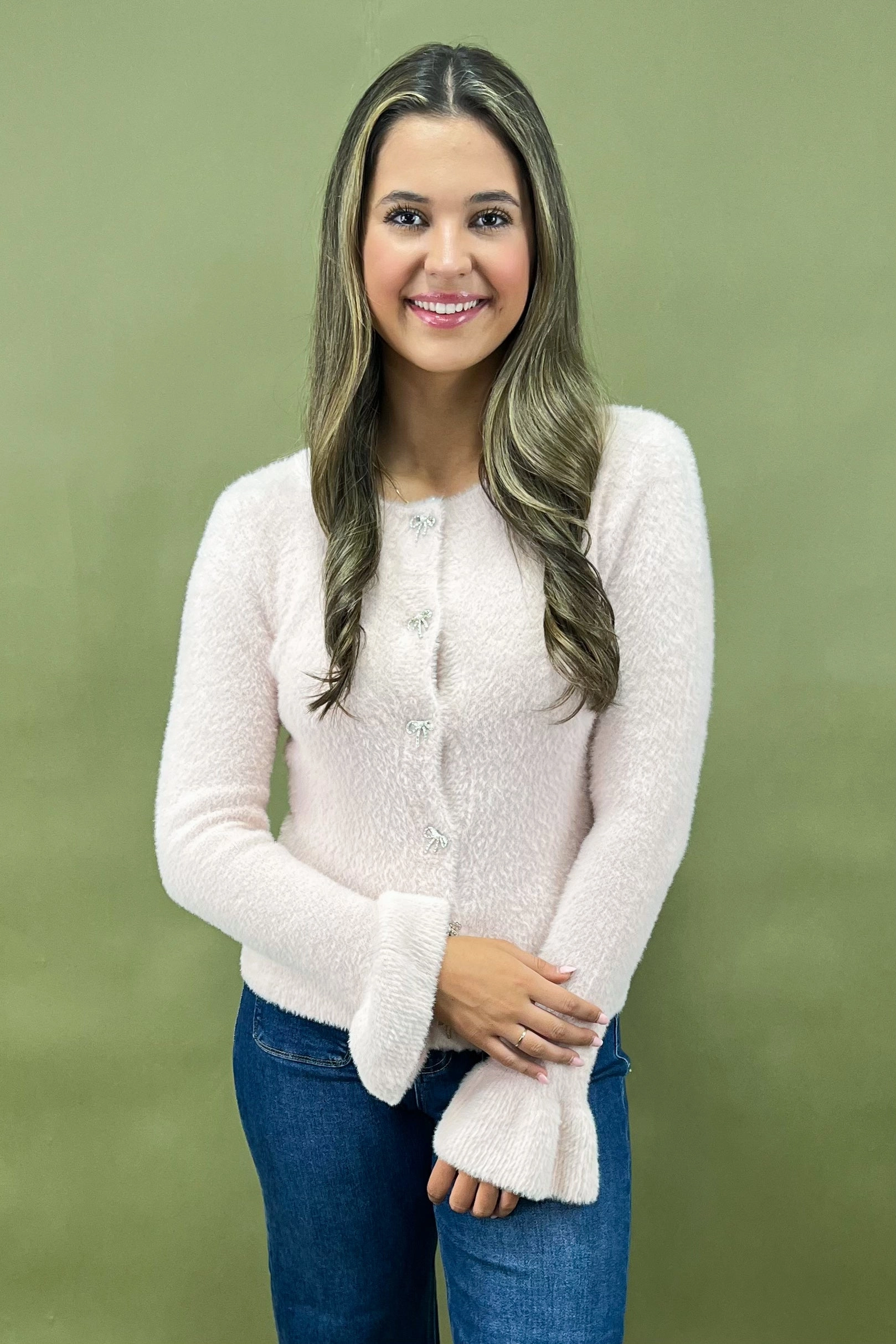 DoubleLayered Layered Collar Design Blush Bow Cardigan