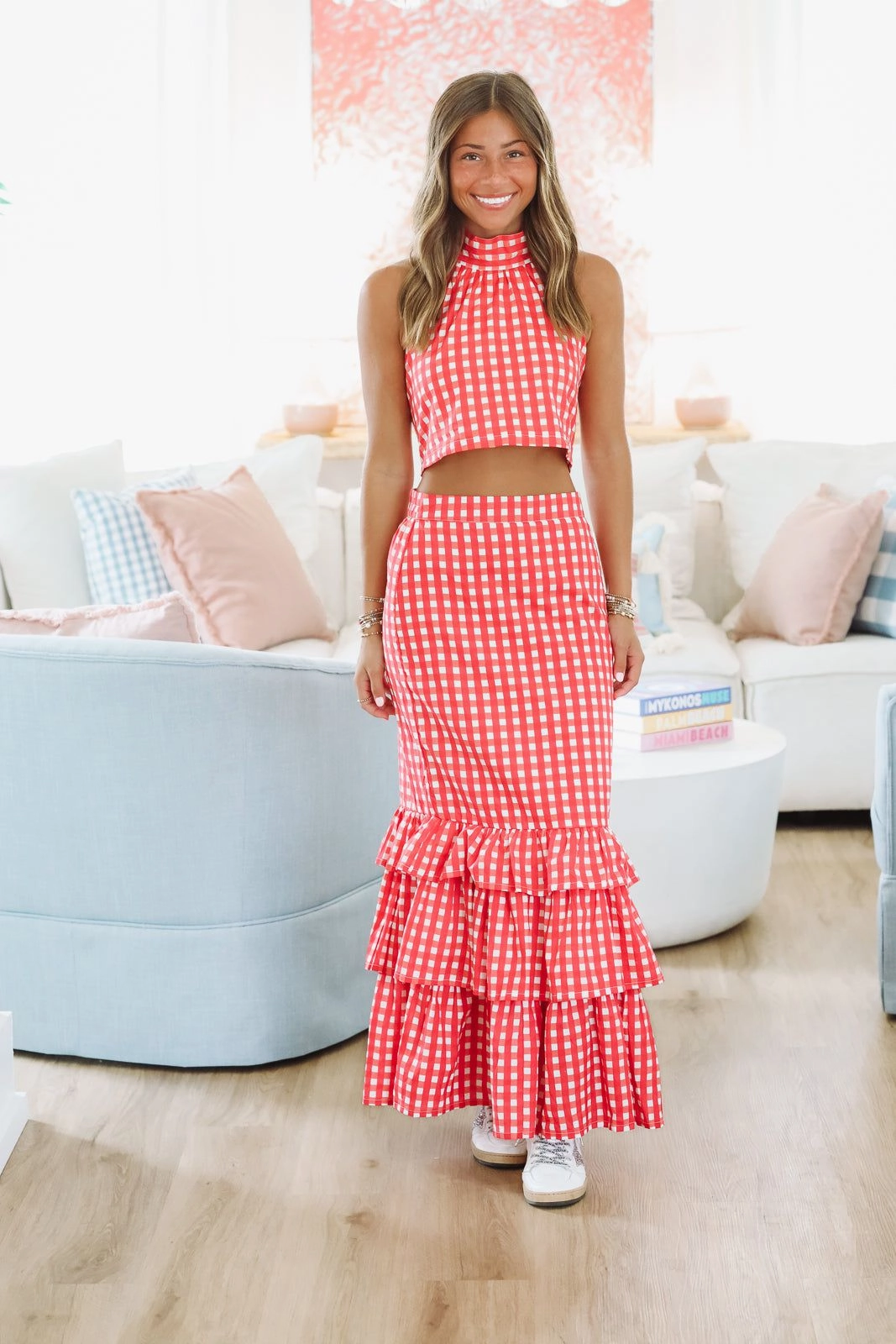 Winning Play Top and Maxi Skirt Set - Red and White Distressed Texture