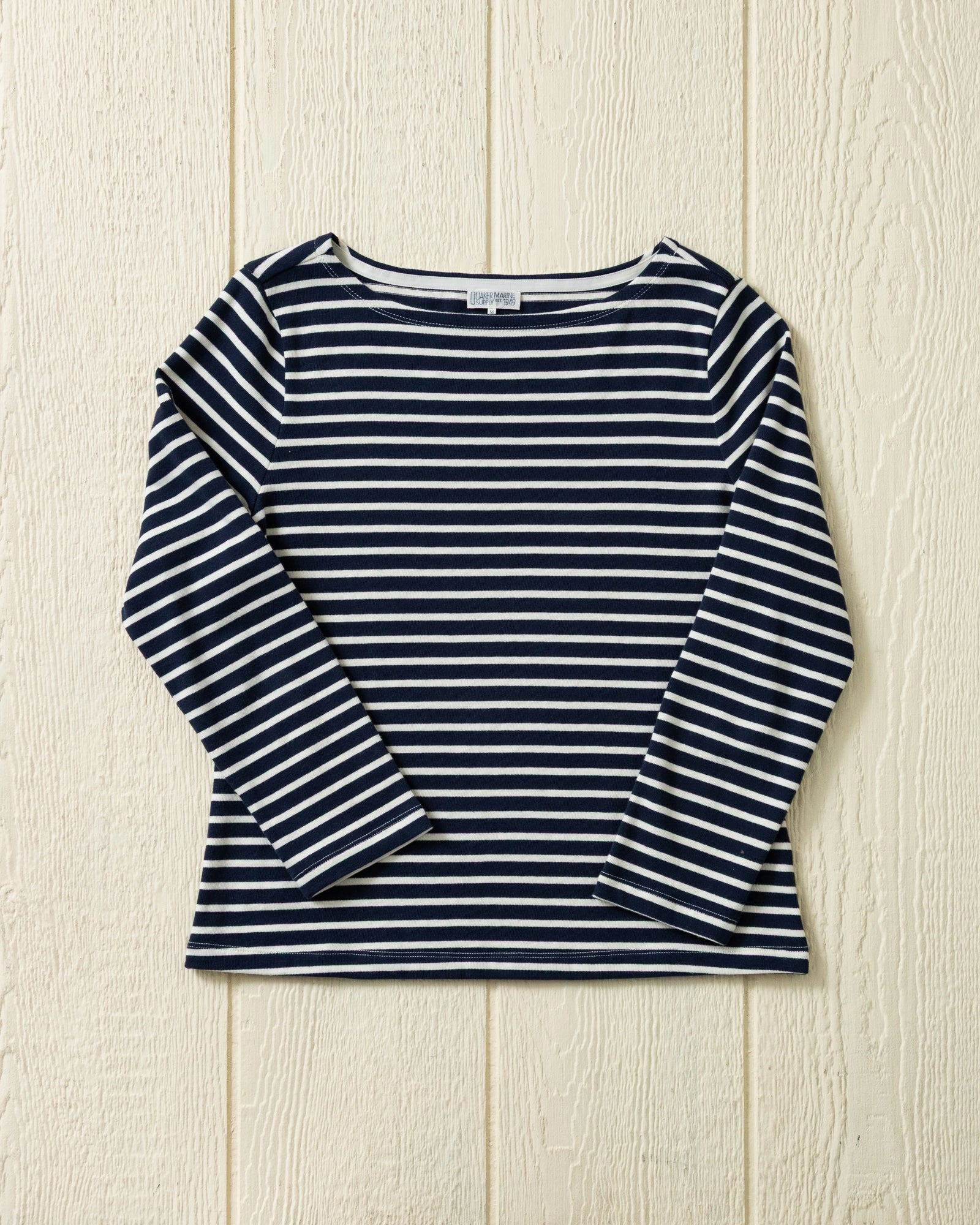ZipperedPockets Reinforced Shoulder Seams Women??s Breton Stripe Boatneck Tee in Navy/Off White