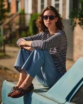 Women??s Breton Stripe Boatneck Tee in Navy/Off White Breathable Design
