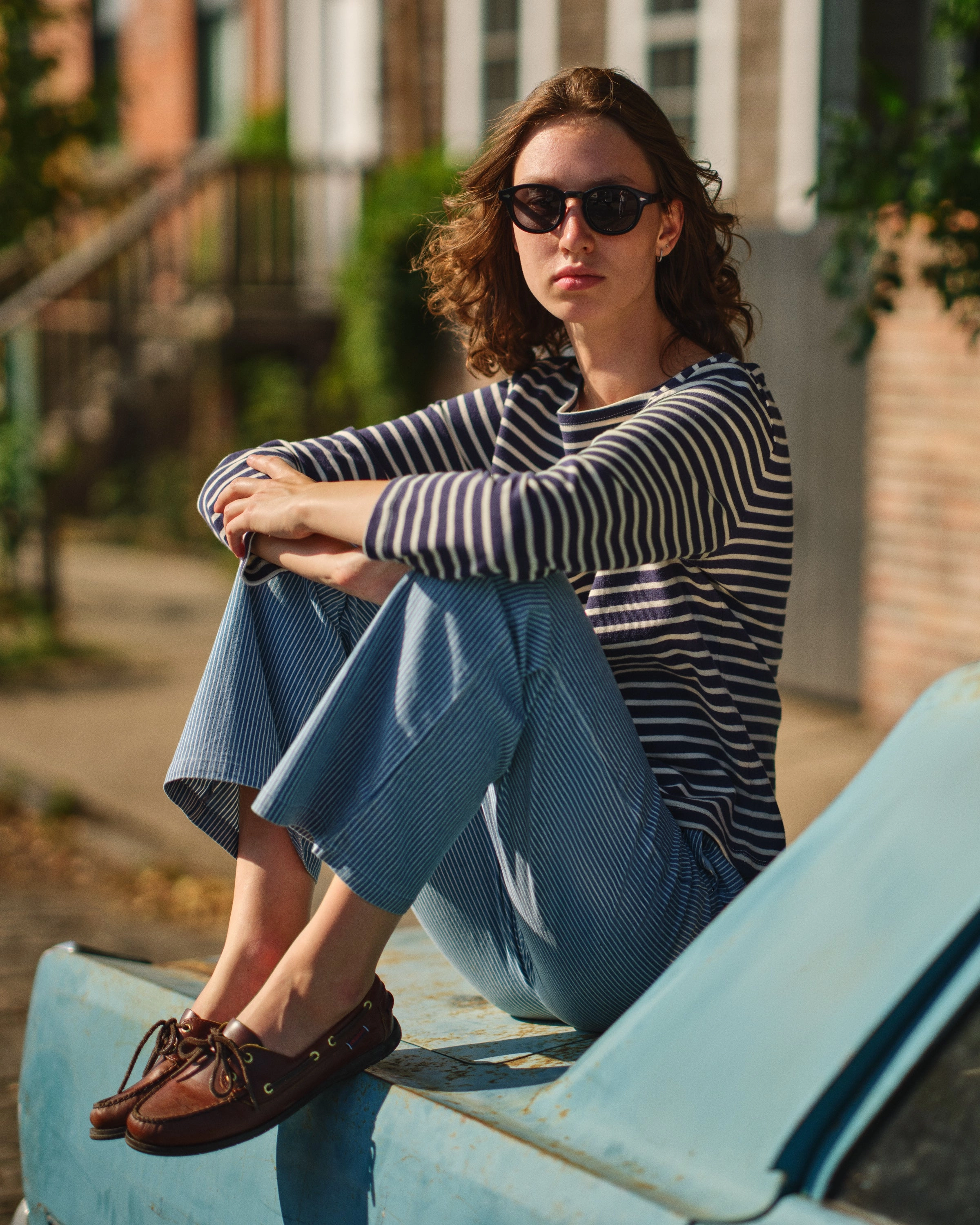 Women??s Breton Stripe Boatneck Tee in Navy/Off White Breathable Design