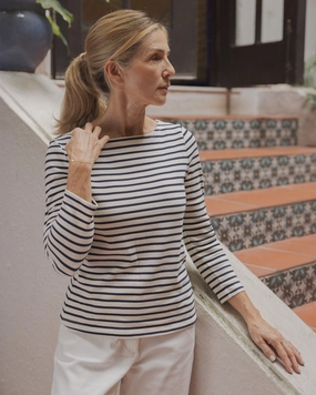 Casual Tee Oversized Collar Women??s Breton Stripe Boatneck Tee in Off White/Navy