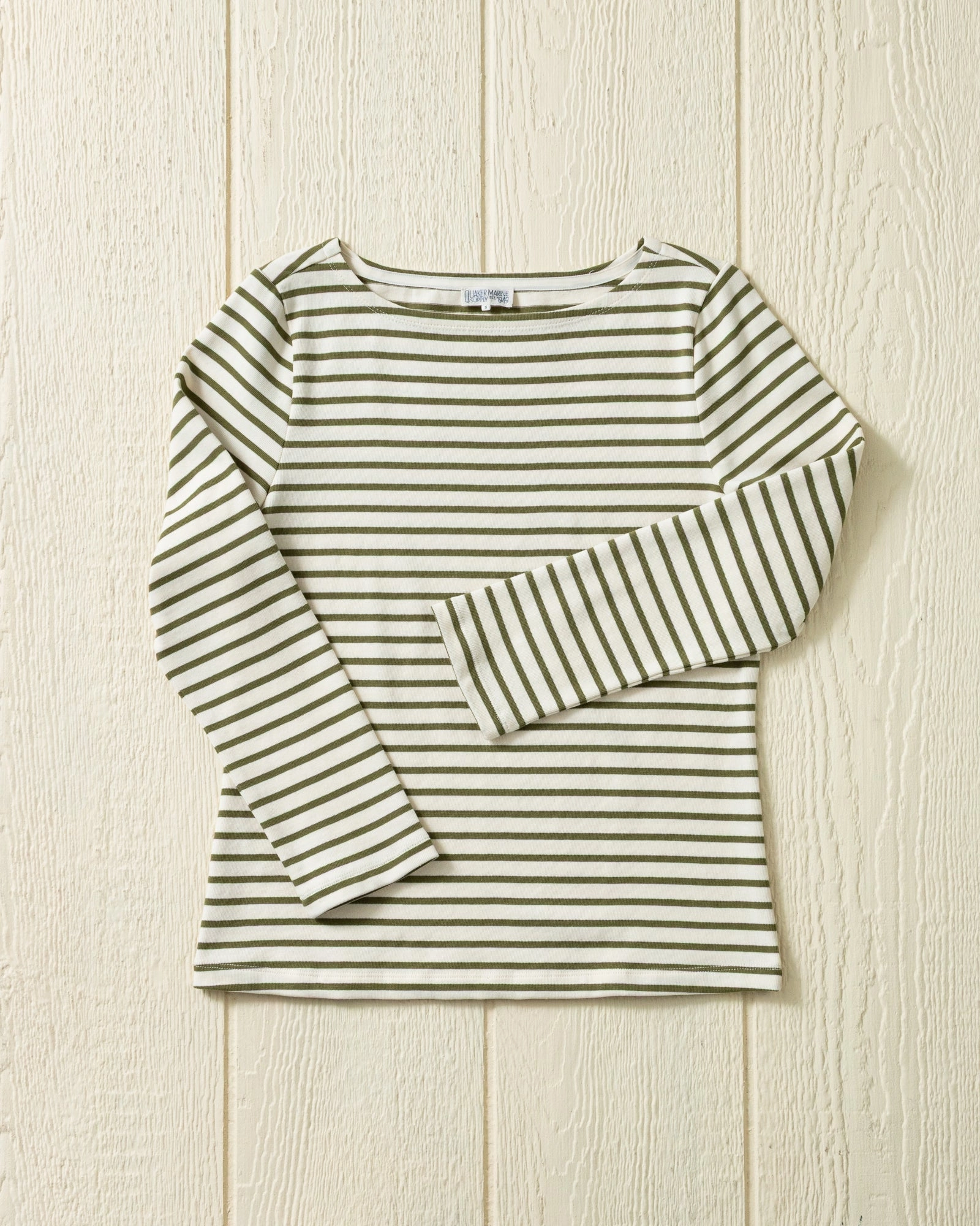 Women??s Breton Stripe Boatneck Tee in Off White/Olive Breathable Linen Blend Ultra Soft Texture