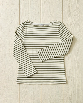 Women??s Breton Stripe Boatneck Tee in Off White/Olive Breathable Linen Blend Ultra Soft Texture