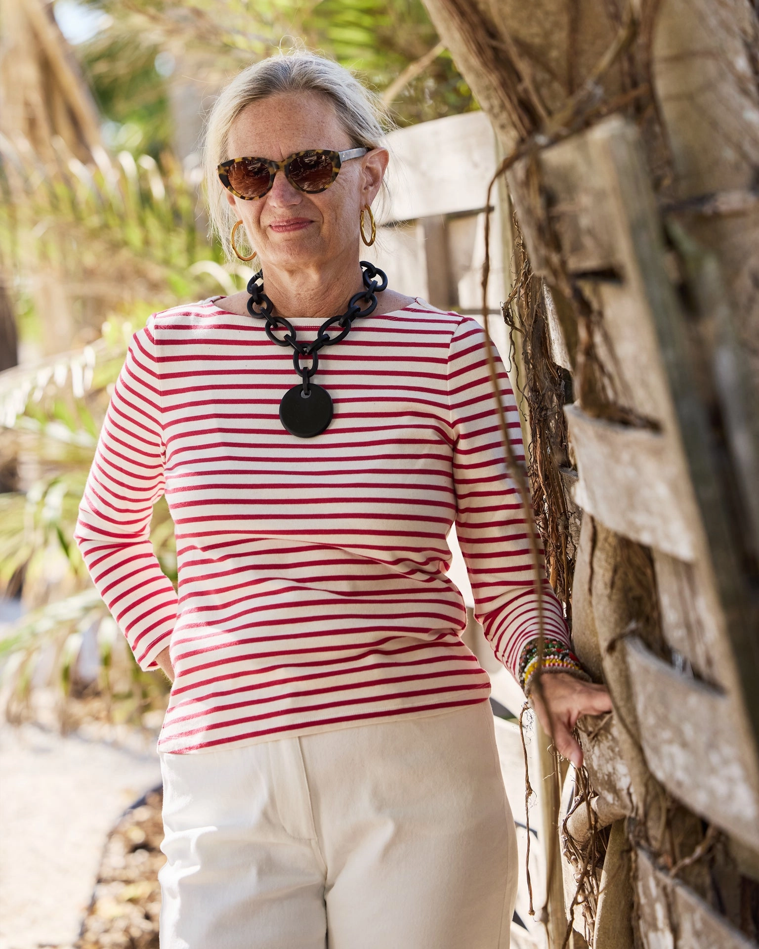 Women??s Breton Stripe Boatneck Tee in Off White/Red Microfiber Material CollapsibleFrame