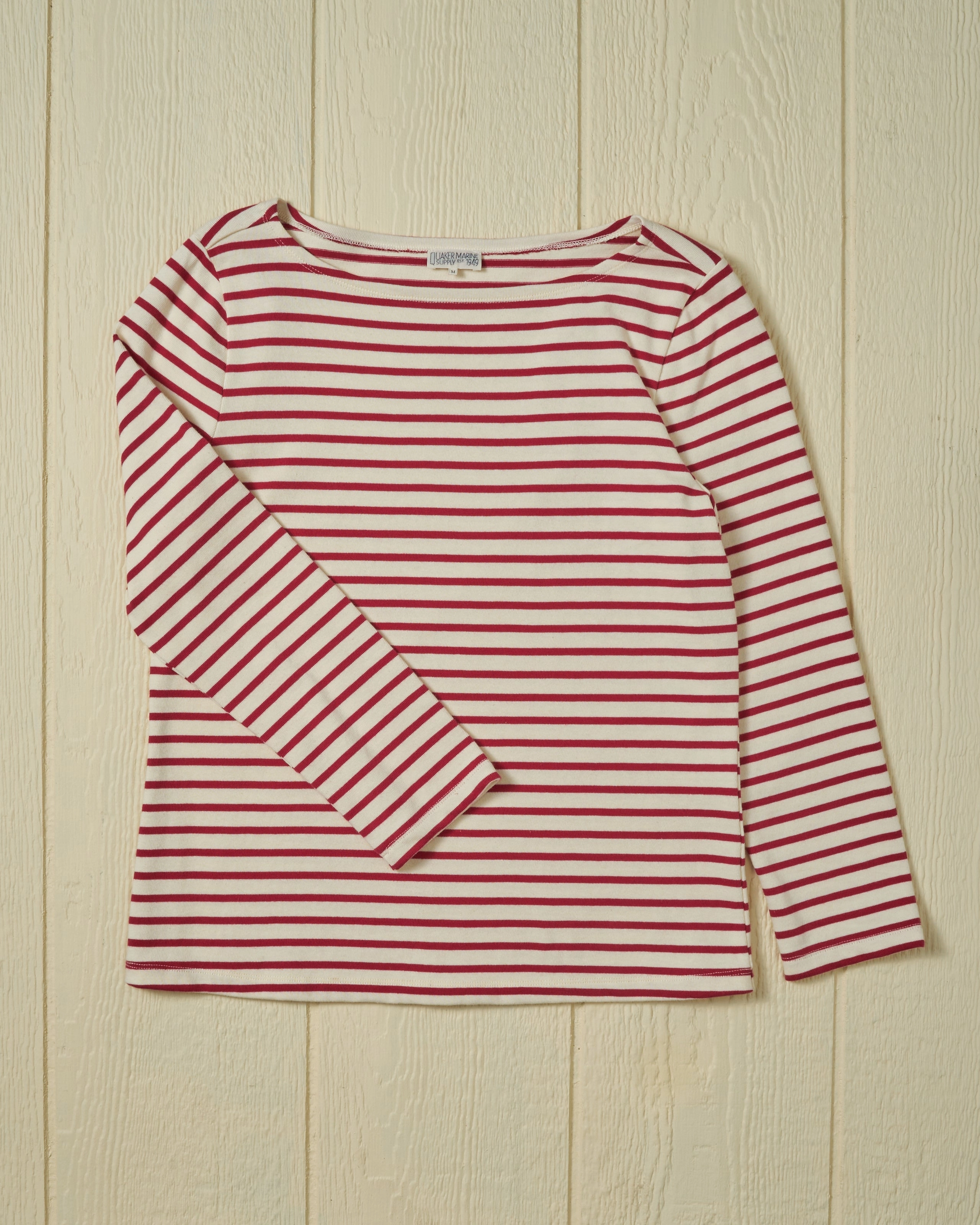 Women??s Breton Stripe Boatneck Tee in Off White/Red LowImpact Manufacturing Stretch Fit
