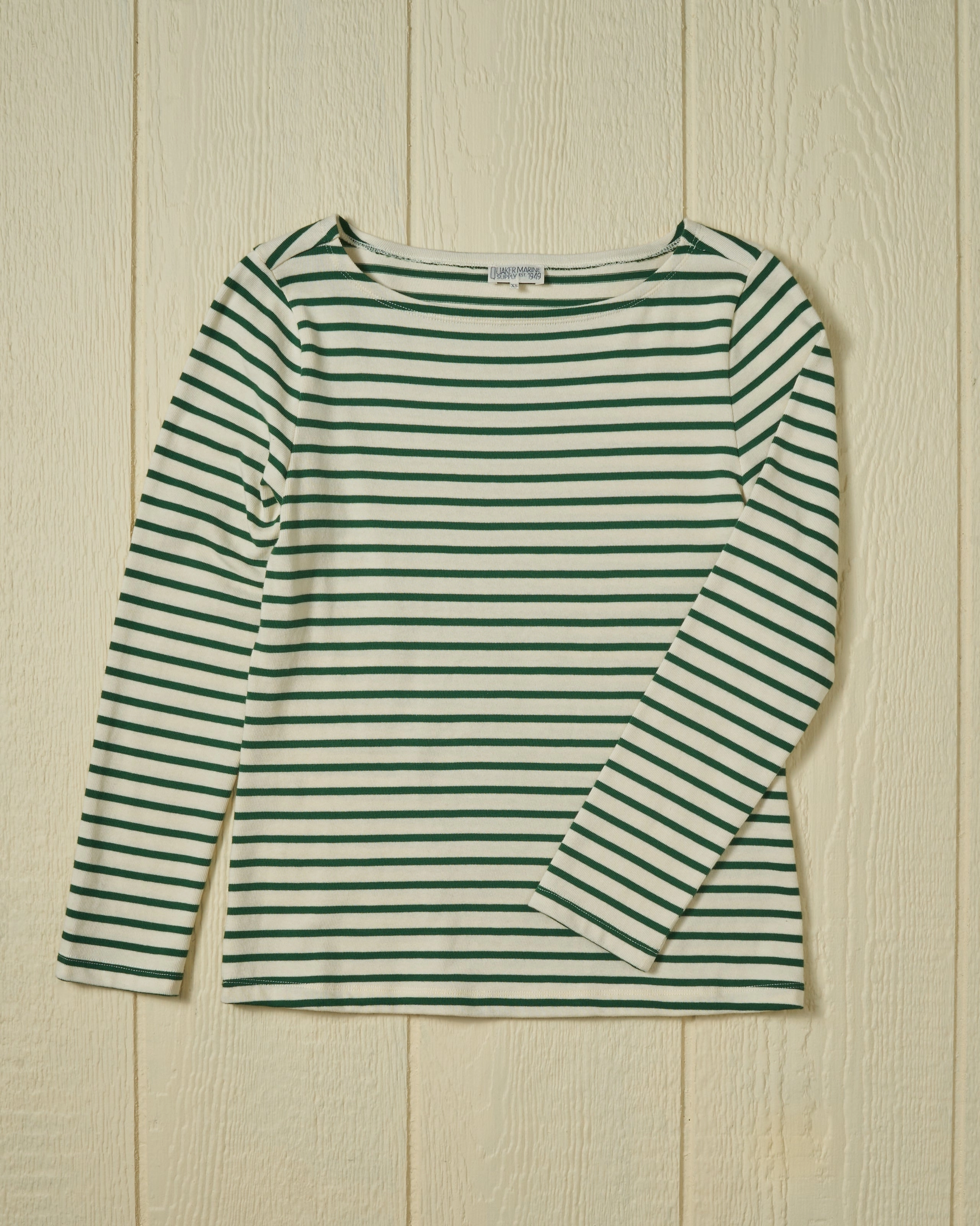 Women??s Breton Stripe Boatneck Tee in Off White/Spruce Anti Static Cloth Blend QuickDryTech