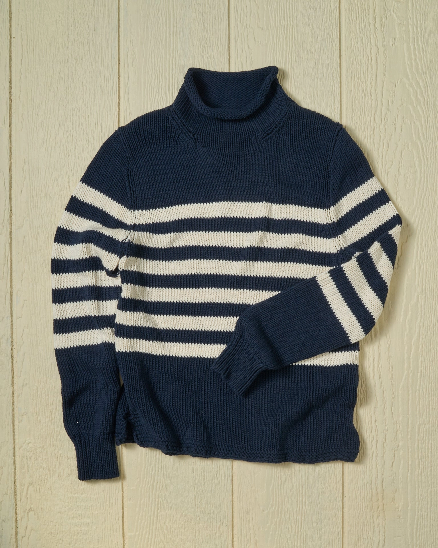 Women's Fisherman's Sweater in Navy/Egret Breton Stripe Seasonal Comfort
