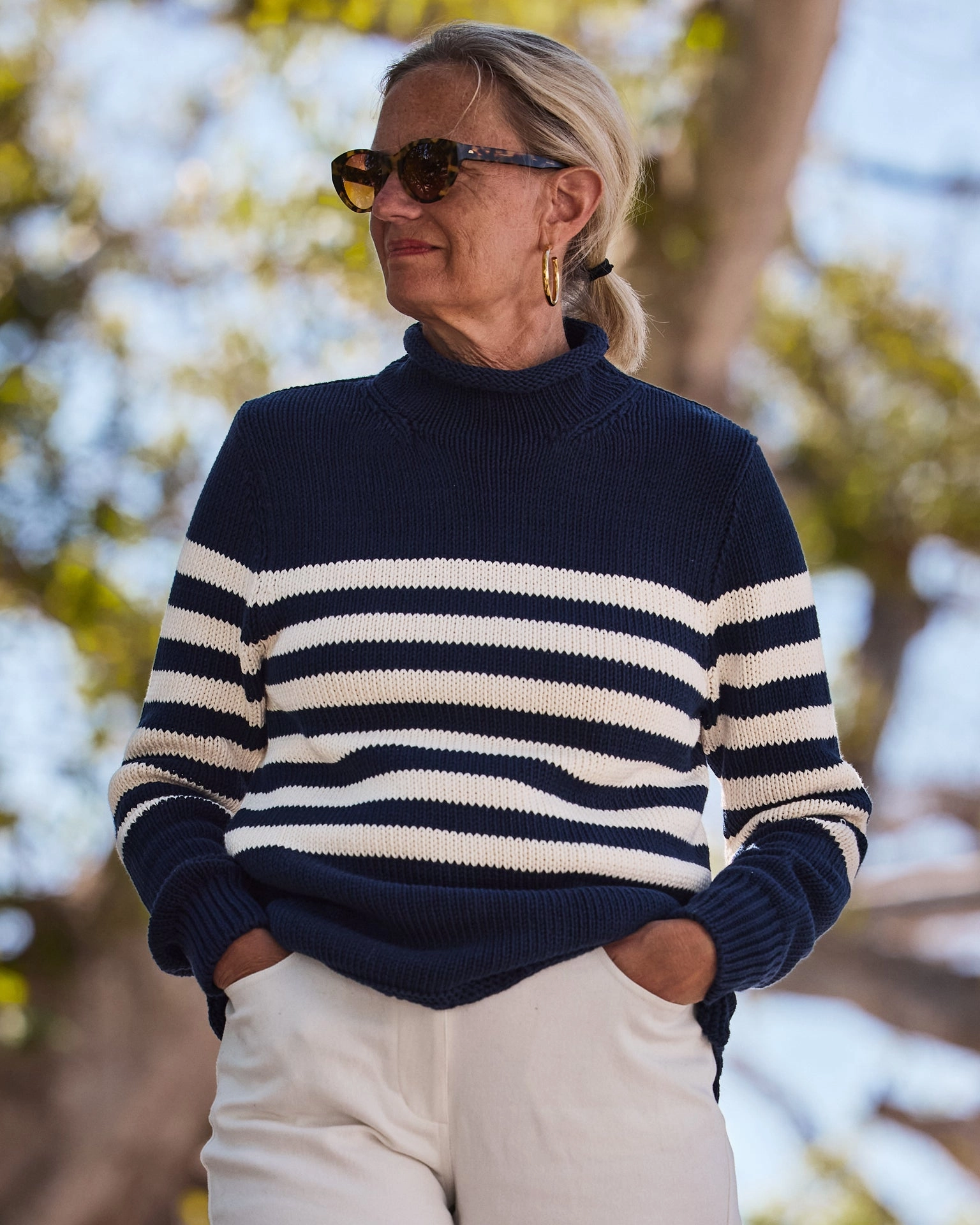 Women's Fisherman's Sweater in Navy/Egret Breton Stripe Four Way Stretch Design Layered Look