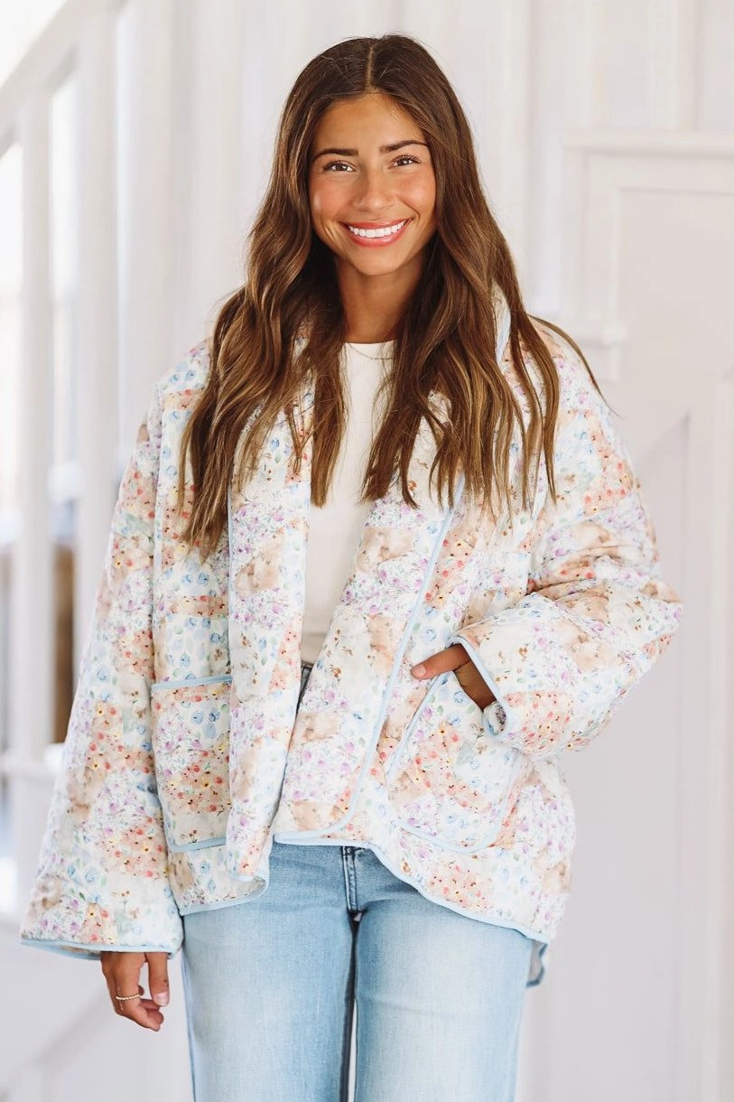 Worth Celebrating Quilted Jacket - Peach and Blue Textured Weave Pattern RibbedNeckline