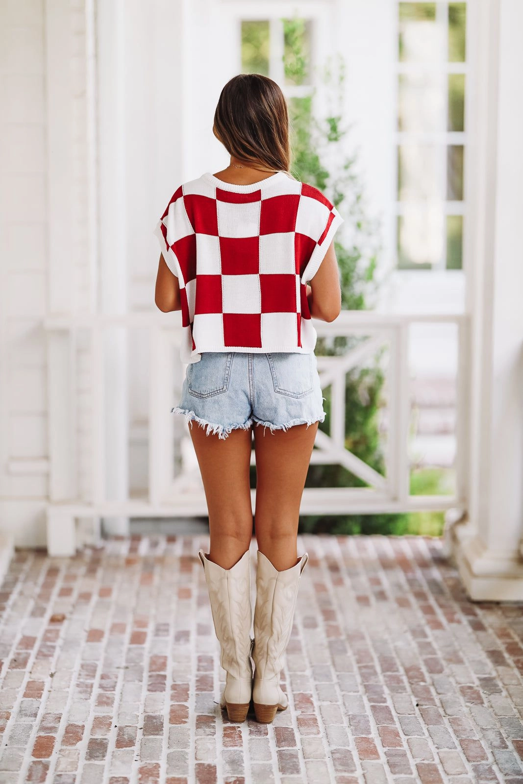 Xtra Point Checked Cropped Sweater - Crimson and White Summer Sweater
