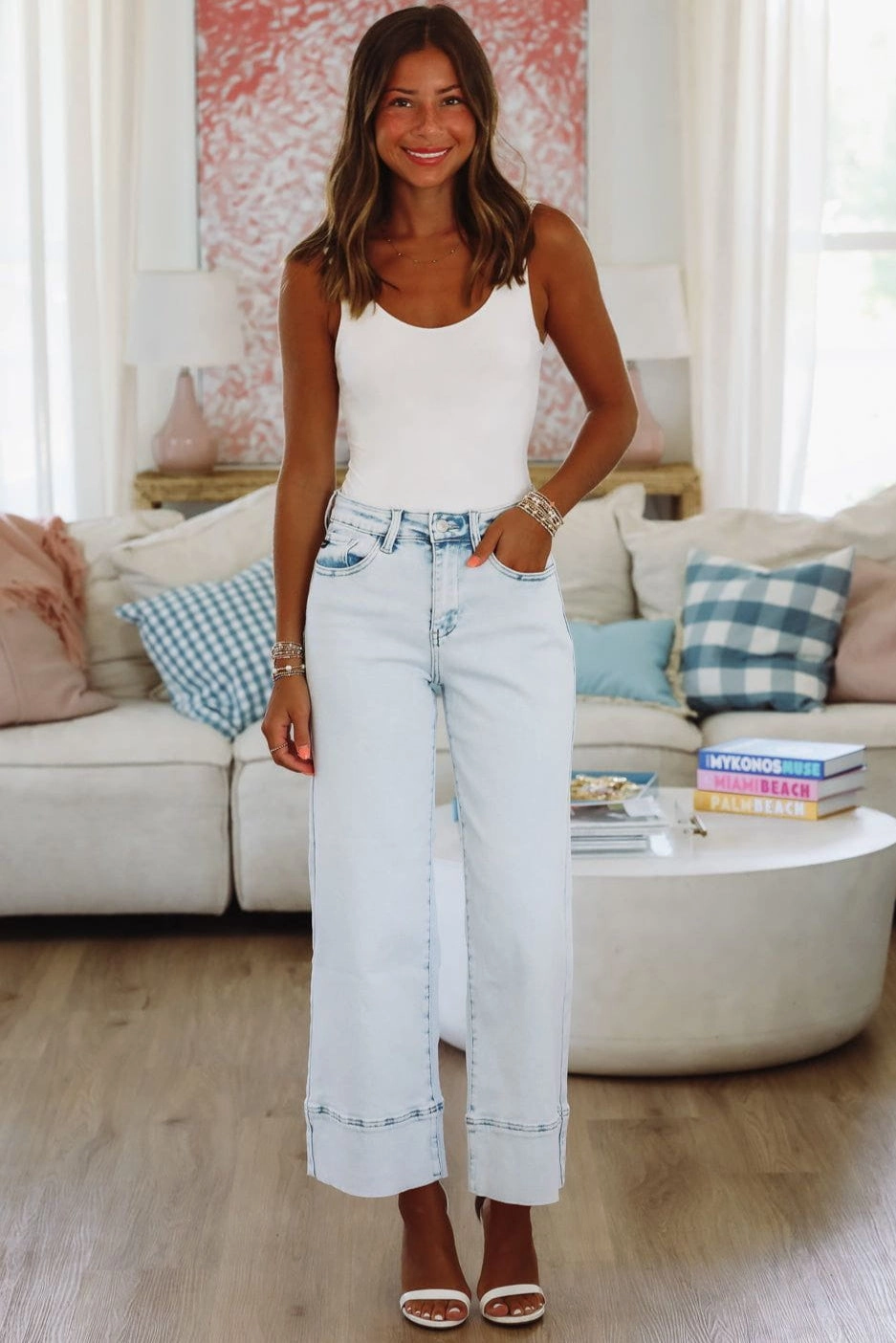 ZuZu High Rise Cropped Wide Leg Jeans - Light Denim Comfort Cushion Neckline Sleeveless Tee